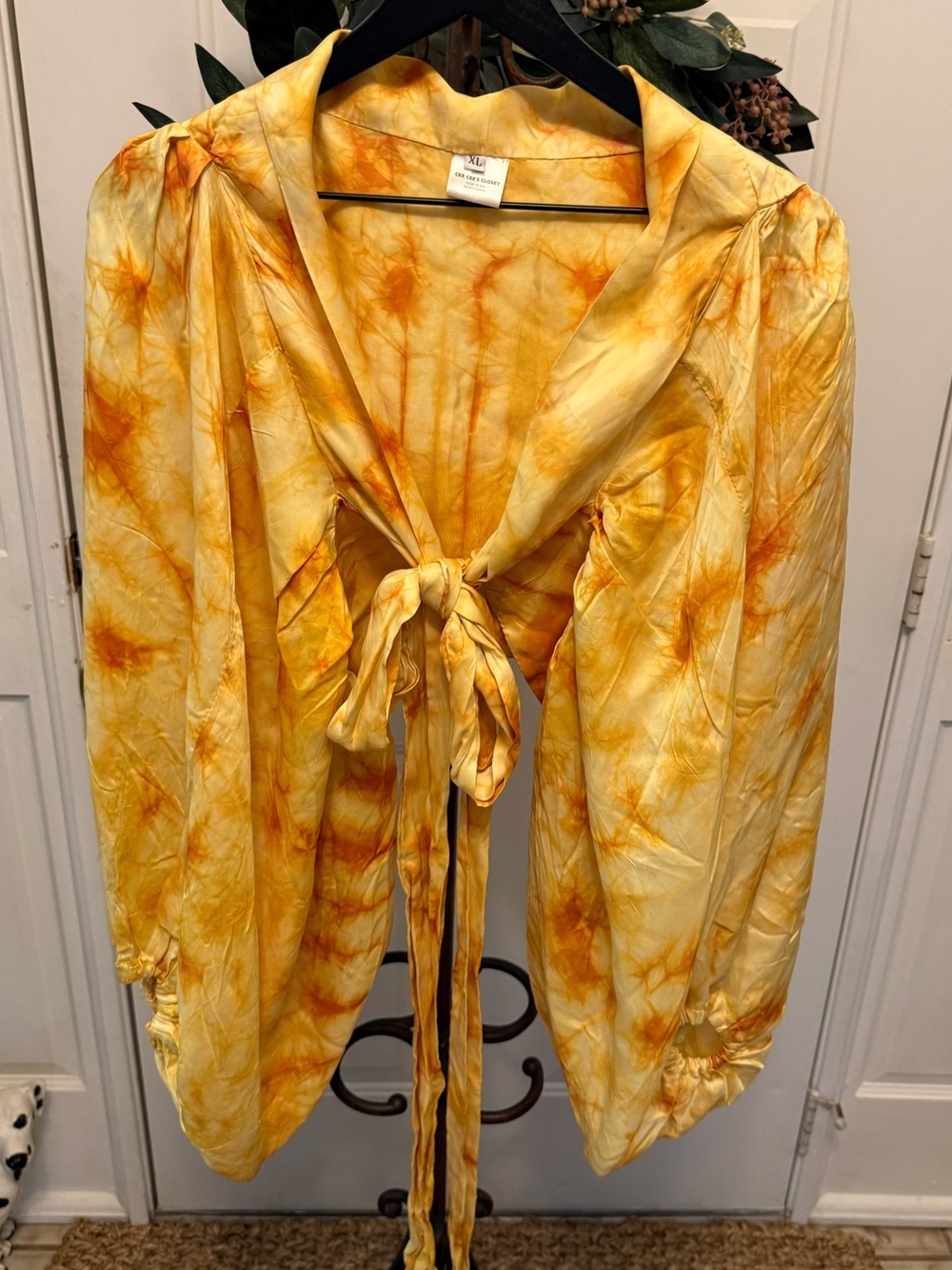 Cee Cees Closet Yellow Tie Dye Funky Wrap Crop Top Dramatic Balloon Sleeves XL